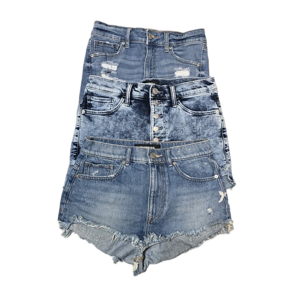 Express Aero‎  Women's Button Fly Shorts  Denim Blue Hi-rise Shortie 4 Lot Of 3
